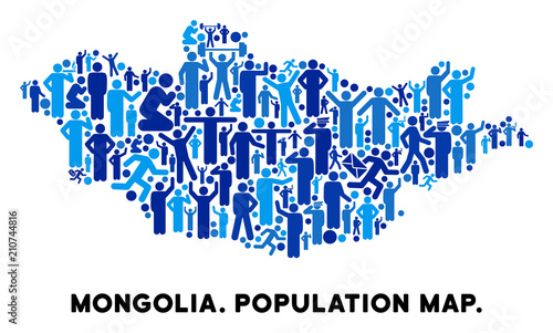 Vector population Mongolia map. Demography collage of Mongolia map constructed of people with variable positions. Demographic map in blue tinges. Abstract social plan of nation group cartography.