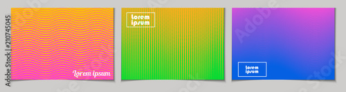 Set of horizontal abstract backgrounds with halftone pattern in neon colors. Collection of gradient textures with geometric ornament. Design template of flyer, banner, cover, poster 