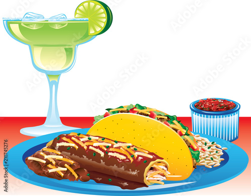 illustration of an enchilda, margarita, a beef taco and salsa