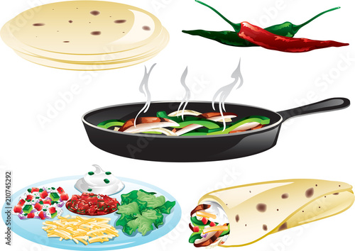 illustration of flour tortillas,chili peppers, a fajita, and toppings
