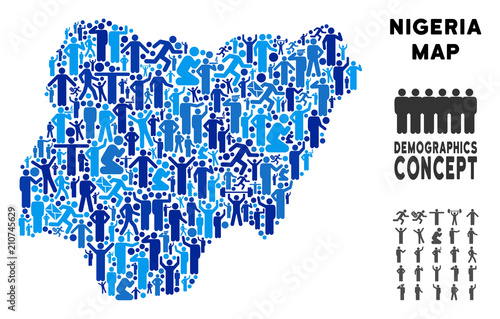 Vector population Nigeria map. Demography abstraction of Nigeria map made of men with variable postures. Demographic map in blue hues. Abstract social scheme of national community cartography.