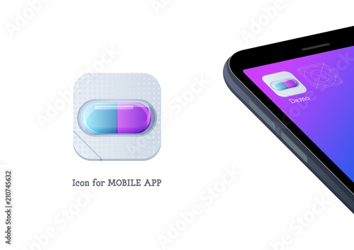 Icon for mobile app medicine pill shown on phone screen, drugs on smartphone interface allowing to shop online in chemistrys vector illustration