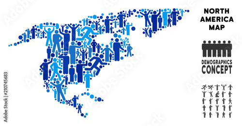 Vector population North America map. Demography composition of North America map constructed of men with different poses. Demographic map in blue tones.