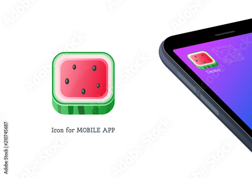 Watermelon icon for mobile application, juicy ripe red fruit with black seeds, creative folder design in summertime style, app on mobile screen vector