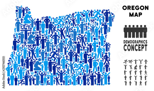 Vector population Oregon State map. Demography abstraction of Oregon State map created of men with different postures. Demographic map in blue tones.