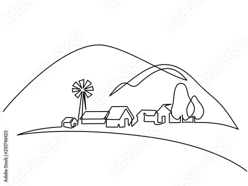 Continuous line drawing. Landscape with village on hill. Vector illustration. Concept for logo, card, banner, poster, flyer