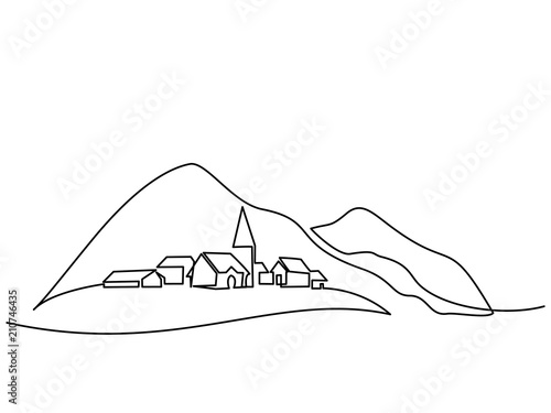 Continuous line drawing. Landscape with village on hill. Vector illustration. Concept for logo, card, banner, poster, flyer