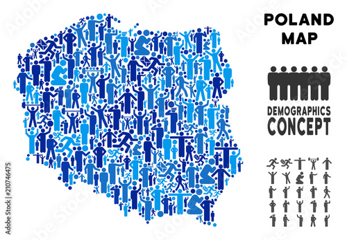 Vector population Poland map. Demography collage of Poland map done of persons with different poses. Demographic map in blue tinges. Abstract social plan of nation mass cartography.