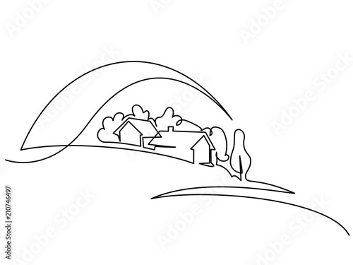 Continuous line drawing. Landscape with village on hill. Vector illustration. Concept for logo, card, banner, poster, flyer
