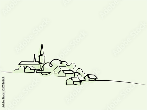 Continuous line drawing. Landscape with village on hill. Vector color illustration. Concept for logo, card, banner, poster, flyer