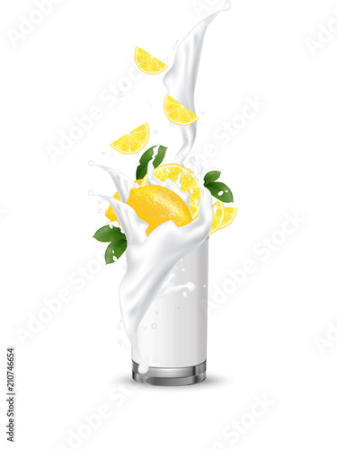 Lemon yellow multi fruit cocktail. Splash swirl in the realistic glass.Slices falling into the glass cup isolated on white.