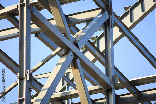 Closeup of cross beams on steel framework truss