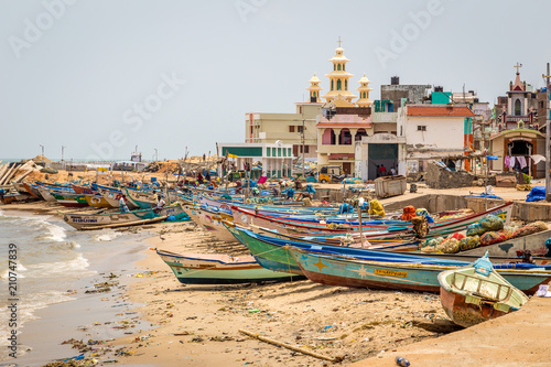 Colorful fisher boats on the beach at Kanyakumari, Tamil Nadu, India © matiplanas