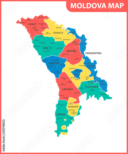 The detailed map of the Moldova with regions or states and cities, capital. Administrative division. Transnistria is marked as a disputed territory