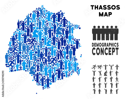 Vector population Thassos Greek Island map. Demography composition of Thassos Greek Island map composed of persons with variable positions. Demographic map in blue tones.