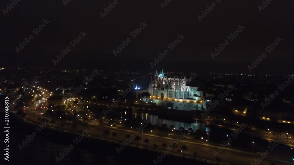 Aerial view at night. Palma Cathedral of Santa Maria at night in Palma Mallorca Spain Aerial view at night. Palma Cathedral of Santa Maria at night in Palma Mallorca Spain