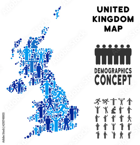 Vector population United Kingdom map. Demography mosaic of United Kingdom map created of humans with different poses. Demographic map in blue shades.