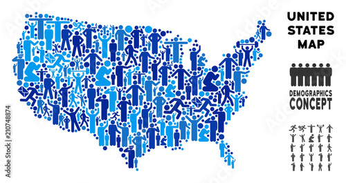 Vector population USA map. Demography concept of USA map organized of men with variable postures. Demographic map in blue tinges. Abstract social scheme of national community cartography.