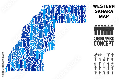 Vector population Western Sahara map. Demography abstraction of Western Sahara map combined of persons with variable poses. Demographic map in blue tinges.