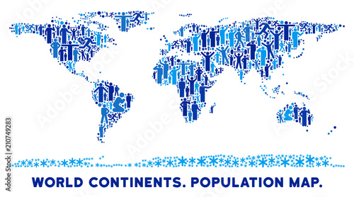 Vector population world continent map. Demography concept of world continent map constructed of crowd with variable positions. Demographic map in blue tints.