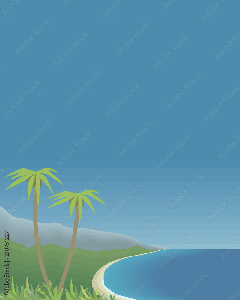 tropical bay with palm trees and mountains azure sea sky vertical postcard vector illustration