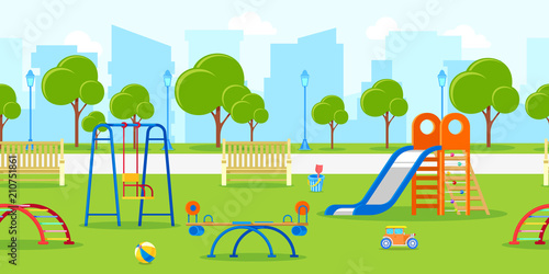 Fototapeta Naklejka Na Ścianę i Meble -  Kindergarten or kids playground in city park. Vector horizontal seamless background. Leisure and outdoor activities.