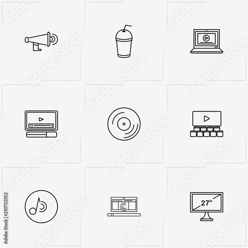 Photo And Video line icon set with computer , juice cup and loudspeaker