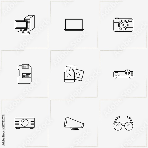 Photo And Video line icon set with projector, laptop and spectacle