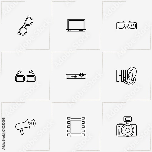 Photo And Video line icon set with laptop, spectacle and headphone