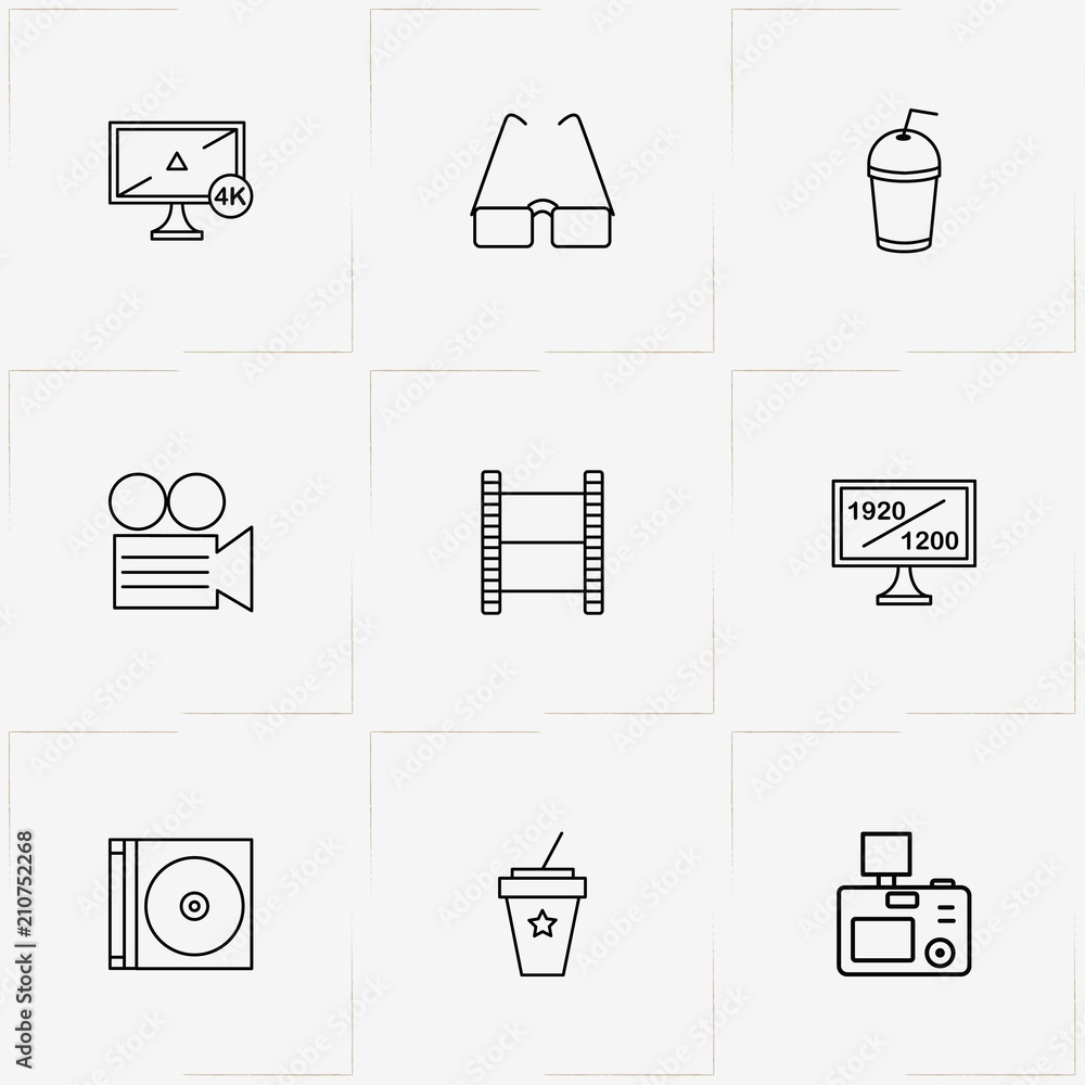 Photo And Video line icon set with photo camera, television and juice cup