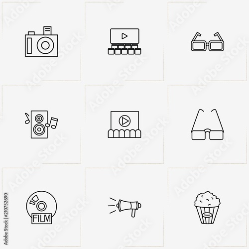 Photo And Video line icon set with popcorn , spectacle and photo camera