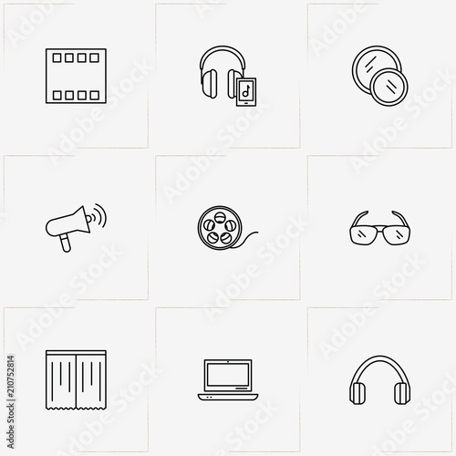 Photo And Video line icon set with loudspeaker, movie tape  and spectacle