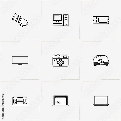 Photo And Video line icon set with projector, loudspeaker and television