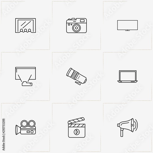 Photo And Video line icon set with laptop, television and cinema hall