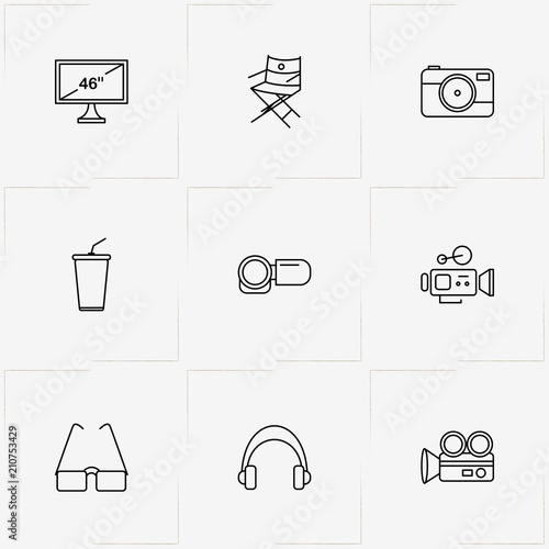 Photo And Video line icon set with video camera with display, video camera and spectacle