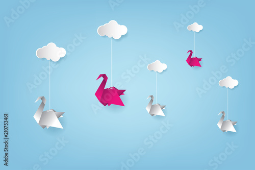 Origami made colorful swan with origami clouds. Paper art and craft style. Swan Origami Vector Illustration.