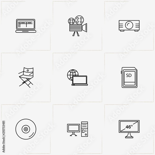 Photo And Video line icon set with compact disk, television and projector