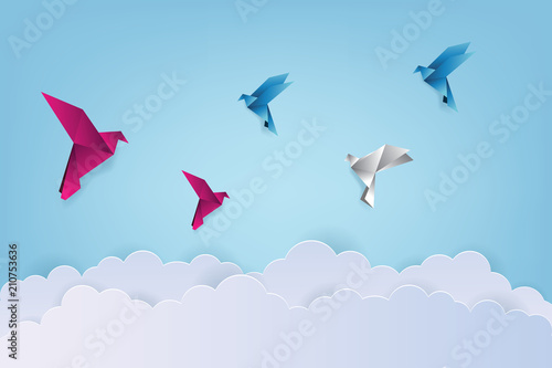 Origami made colorful bird with origami clouds. Paper art and craft style. Bird origami vector illustration.