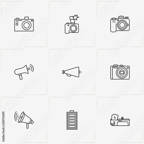 Phototechnique line icon set with photo camera, battery and loudspeaker