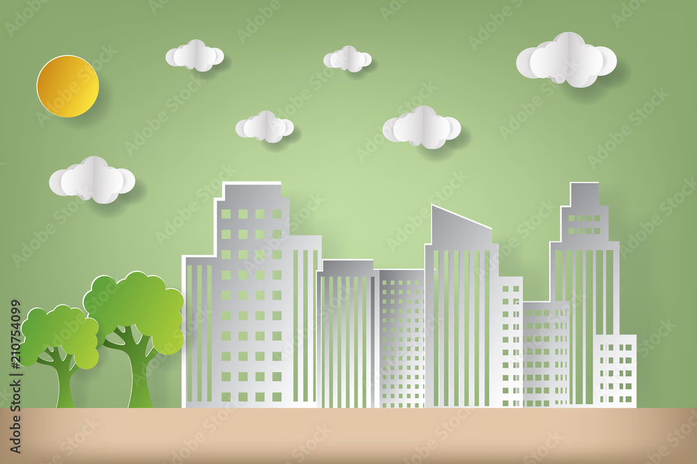Vector illustration concept of eco, earth day and world environment day. Landscape city building with cloud. Paper art and craft style.