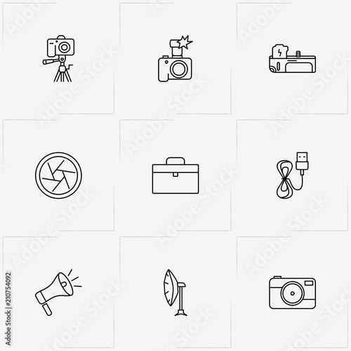 Phototechnique line icon set with battery grip, photo camera lens  and charge plug