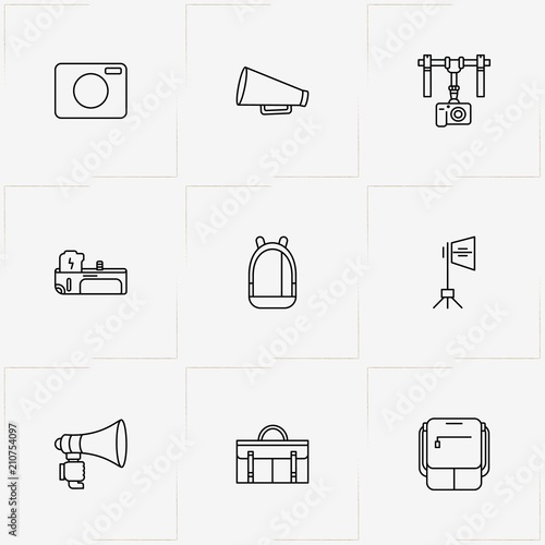 Phototechnique line icon set with loudspeaker, backpack and photo camera flash stand