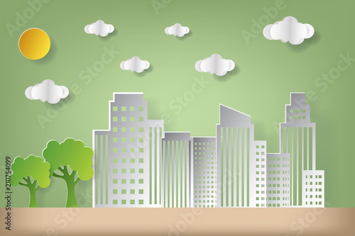 Vector illustration concept of eco, earth day and world environment day. Landscape city building with cloud. Paper art and craft style.