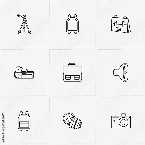 Phototechnique line icon set with case, camera stand  and loudspeaker