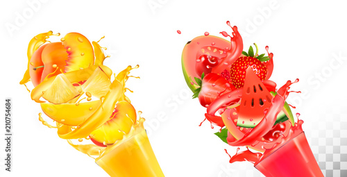 Fruit in juice splashes. Strawberry, guava, watermelon, pineapple, mango, peach. Vector.