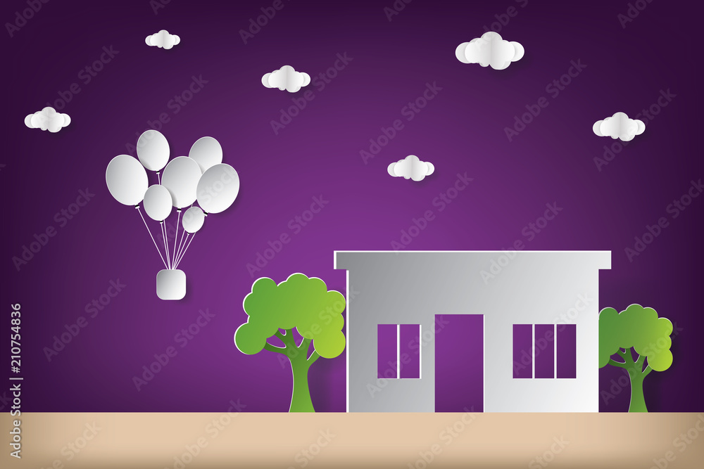 House vector illustration with cloud origami and balloon. Paper art and craft style. House vector illustration with cloud origami and balloon. Paper art and craft style.