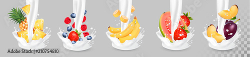 Big collection of fruit in a milk splash. Pineapple, mango, banana, pear, watermelon, blueberry, guava, strawberry, cheesecake, grawberry, raspberry. Vector Set 10.