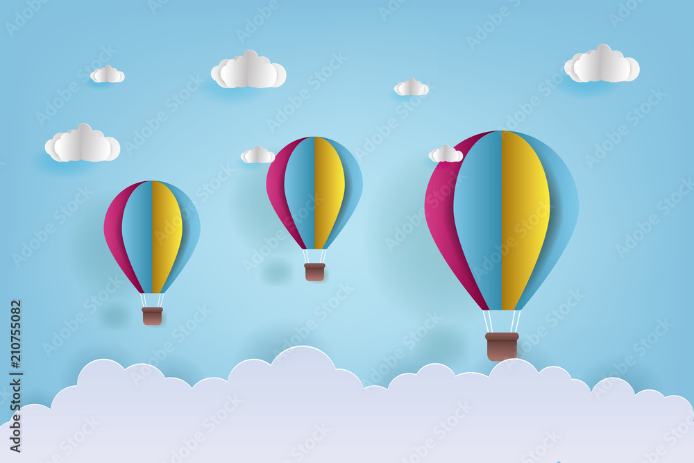 Fototapeta premium Vector Illustration Origami Colorful Hot Air Balloon and Cloud. paper art and craft style. Hot air balloon wallpaper.