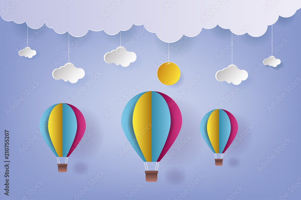 Obraz premium Vector Illustration Origami Colorful Hot Air Balloon and Cloud. paper art and craft style. Hot air balloon wallpaper.