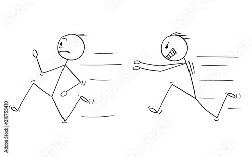 Cartoon stick drawing conceptual illustration of angry violent man chasing another man.